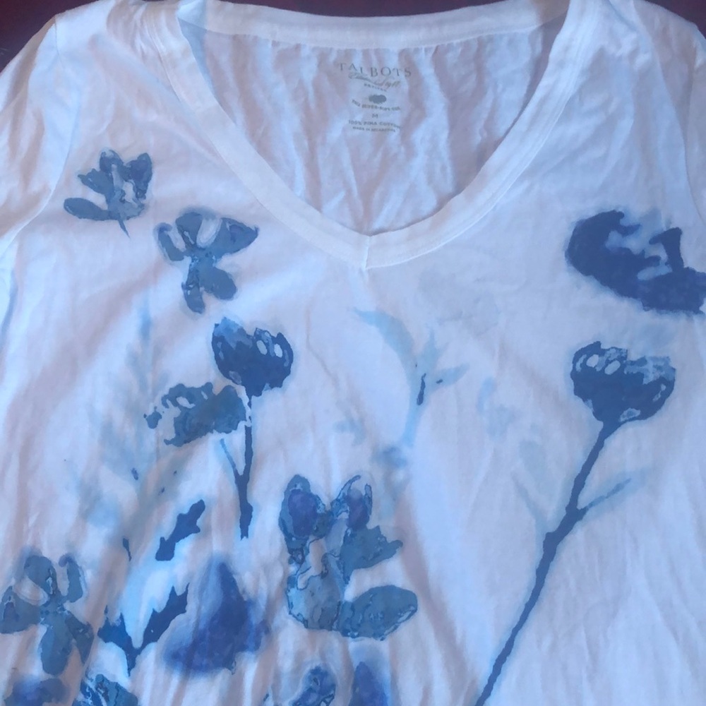 Talbots Blue Floral Women's Shirt with 3 Quarter Sleeve